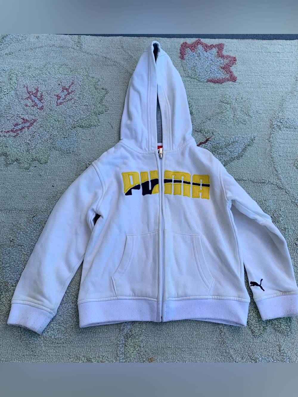 PUMA Boys White Full Zip Hoodie Jacket Yellow Logo Sweatshirt Size 4